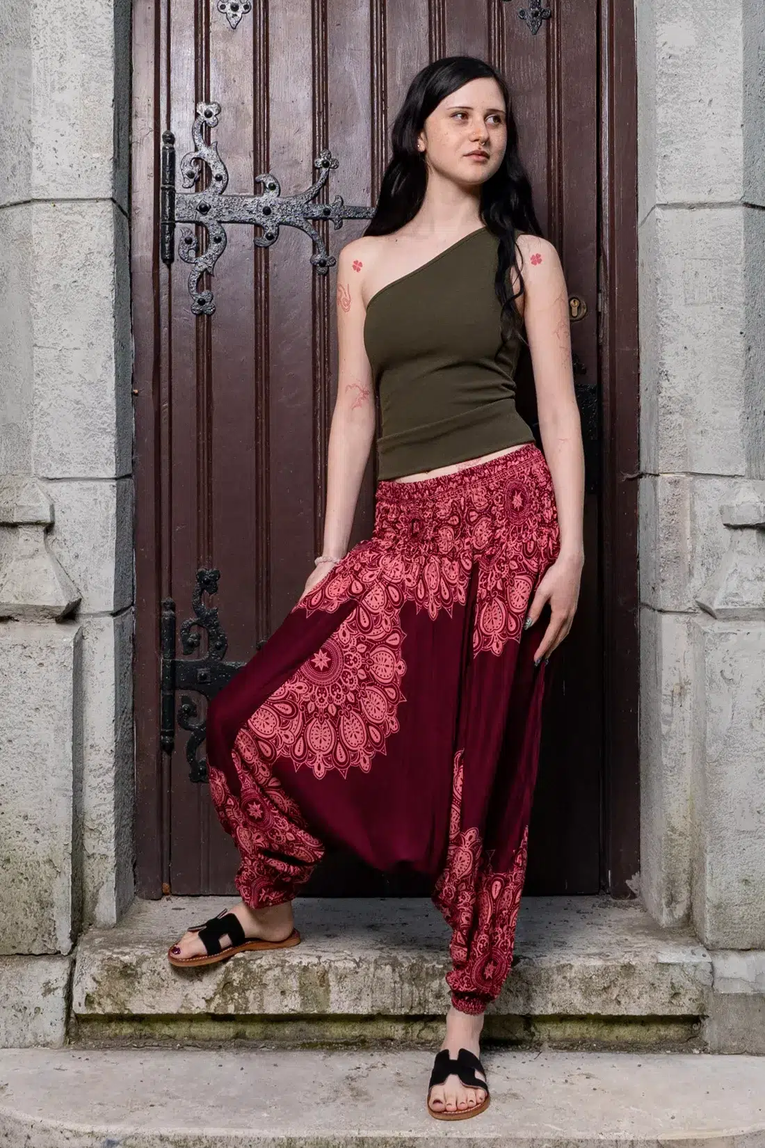 Virágos hárem nadrág - bordó